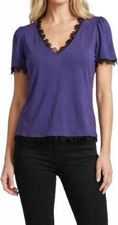 Maven West Mixed Media Short Sleeve Top In Navy