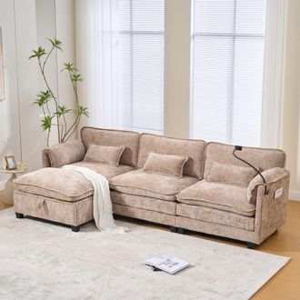 OEM Canap&eacute; 2 Places Moderne En Chenille Avec Mousse Confort Et M&eacute;moire De Forme, &Eacute;quip&eacute; De Port Usb, Poche Lat&eacute;rale, Support T&eacute;l&eacute;phone Et Tabourets Modula