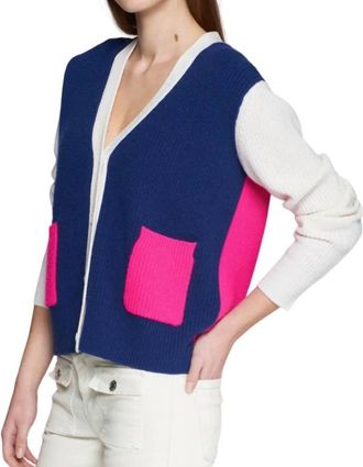 Vilagallo Theresa Cardigan In Navy Pink Ecru