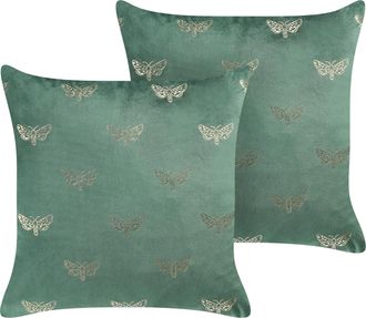 Beliani Conjunto De 2 Cojines De Terciopelo Verde Esmeralda Dorado 45 X 45 Cm Yuzuri