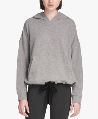 DKNY Activewear French Terry Velvet Tie Hoodie In Heather Gray