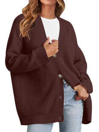 Merokeety Womens Cardigan Sweaters 2025 Fall Open Front Oversized Button V Neck Loose Soft Knit Outwear, Coffee, Small