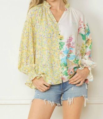 Entro Floral Contrast Print V-Neck Blouse In Lemon And Green