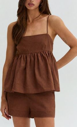 Crescent Tie Back Babydoll Linen Blend Top in Brown at Nordstrom, Size X-Small