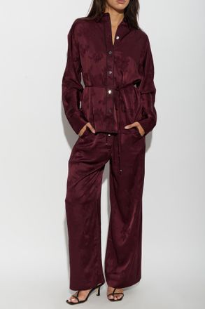Ganni Trousers With Floral Motif, Womens, Burgundy
