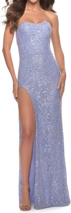 La Femme Glamorous Sweetheart Shimmery Dress In Light Periwinkle