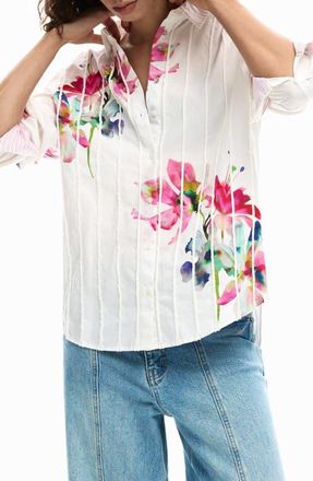 Desigual Placement Print Cotton Button-Up Shirt in White at Nordstrom, Size X-Large
