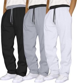 Generic 3 Pack Joggers for Men UK Mens Joggers Bottoms Open Hem Jogging Pants Fleece Sweatpants with Pockets Drawstring Elastic Waist Straight Leg Baggy Jogge