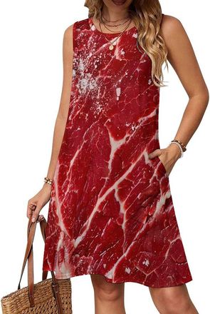 Generic Raw Meat Beaf Casual Womens Sleeveless Dresses Crew-Neck Sundress Summer Swing Dresses XL