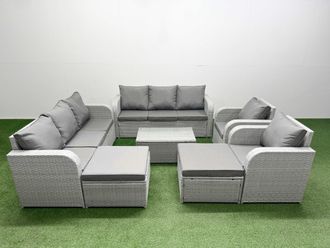 Fimous PE Rattan High Back Lounge Sofa Set Patio Coffee Table & Chairs Set with 3 Seater Sofa Reclining Chair 2 Big Footstool Light Grey