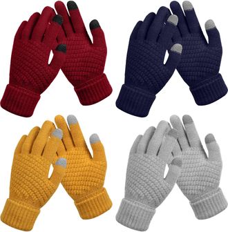 Generic Upgrade 4 Pairs Womens Winter Knit Gloves Warm Fleece Lined Touch Screen Elastic Cuff Cold Weather Gloves, A, One Size