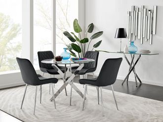 Furniturebox Novara Clear Tempered Glass 100cm Round Dining Table with Chrome Starburst Legs & 4 Pesaro Velvet Silver Leg Chairs in Black