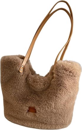 Generic Womens Plush Bags Women Plush Shoulder Bag Large Capacity Tote Fluffy Furry Fuzzy Purse Solid Handbag For Work Travel Shopping(Brown)