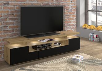 EVA Bim Furniture - Mueble De Tv Eva 180 Cm De Mdf Roble Artesanal / Negro Mate + Led