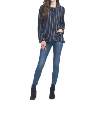 Papillon Striped Cowl Neck Sweater Top With Pocket In Navy