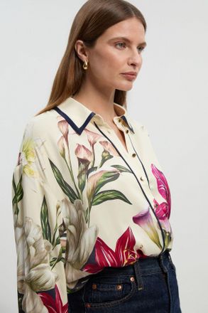 Karen Millen Womens Viscose Satin Floral Print Oversized Woven Shirt - Size 16 UK