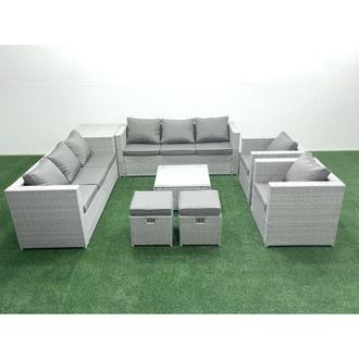 Fimous Outdoor Rattan Sofa Garden Furniture Set with 2 Armchairs Square Coffee Table 2 Small Footstools Side Table Light Grey Mixed - Fimous