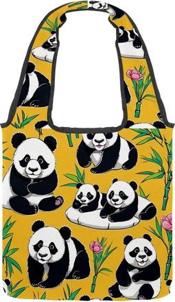 Generic Cute Panda on Yellow Reversible Canvas Shoulder Tote - Double-Sided Print, 12oz Cotton, 27cm Drop, Fold-Flat Bag for Travel, Shopping, Street Outings