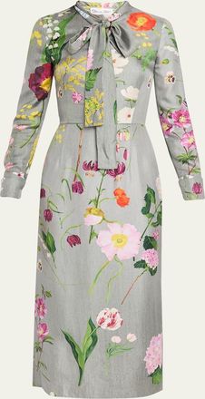 Oscar De La Renta Long-Sleeve Mixed Botanical Silk Scarf-Neck Midi Dress