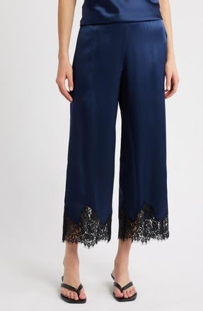 Reformation Carolina Silk Lace Hem Pant in Navy Black at Nordstrom, Size X-Small