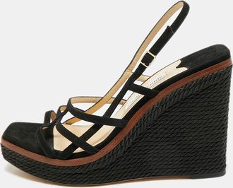Jimmy Choo London Black Suede Caged Strappy Ankle Strap Wedge Sandals