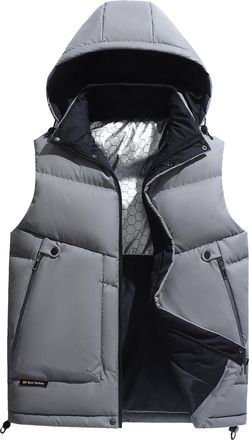 Feoya Mens Winter Puffer Vest PU Sleeveless Padded Gilets Winter Lightweight Jacket Vest with Removable Hood Light Grey XS