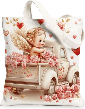 Generic Heart Floral Canvas Tote Bags, Vintage Rose Pattern Reusable Grocery Bags, Spring Charming Lightweight Washable Shoulder Strap Canvas 13x15 Inch