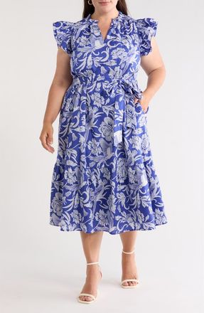 Sugarlips Sita Viry Floral Ruffle Sleeve Tiered Midi Dress in Navy White at Nordstrom, Size 3X