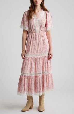 Treasure & Bond Garden Lace Trim Tiered Maxi Dress in Pink Layered Sprigs at Nordstrom, Size Xx-Large