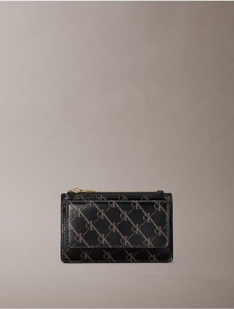 Calvin Klein Womens Coated Monogram Zip Flap Card Case - Black