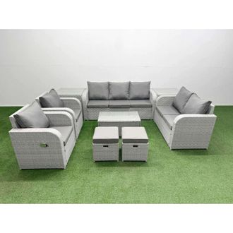 Fimous Pe Rattan Garden Furniture Set Adjustable Chair Sofa Double Love Seat 2 Seater Sofa Lounge Set Oblong Coffee Table 2 Stools 2 Side Table Light Grey