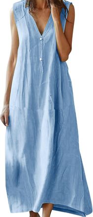 Generic Maxi Dresses for Women UK Button V Neck Casual Loose Sleeveless Dress Ladies Summer Dress Beach Dresses and Cover ups Light Blue Plus Size 14 16 18 20