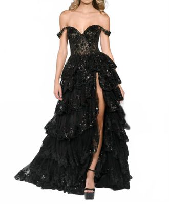 Sherri Hill Layered Skirt Off The Shoulder Dress In Black