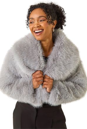 Roman Womens Petite Cropped Fur Coat - Grey - Size 16 UK