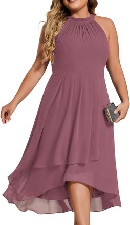 Ever-pretty Wedding Guest Dress Plus Size Midi Elegant Sleeveless Halter Neck Orchid 20