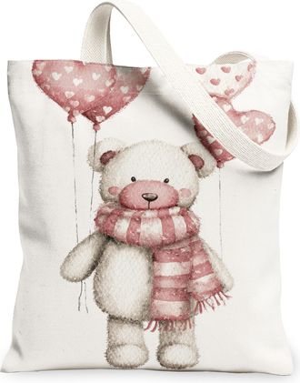 Generic Cute Bear Canvas Tote Bags, Adorable Balloon Pattern Reusable Grocery Bags, Vintage Lightweight Washable Shoulder Strap Can, White, 13x15 Inch