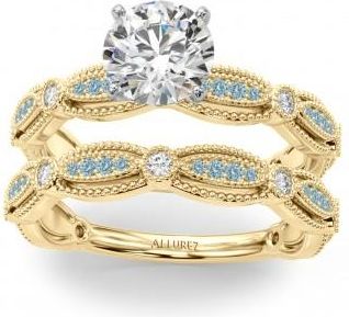 Allurez Antique Style Aquamarine & Diamond Bridal Ring Set 18K Yellow Gold (0.40ct)