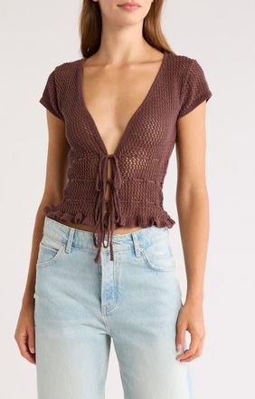 PacSun Madeline Open Stitch Tie Front Cotton Top in Brown at Nordstrom, Size Medium