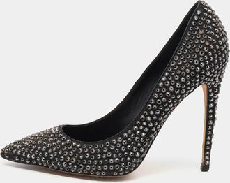 Le Silla Black Leather Crystal Embellished Pointed Toe Pumps