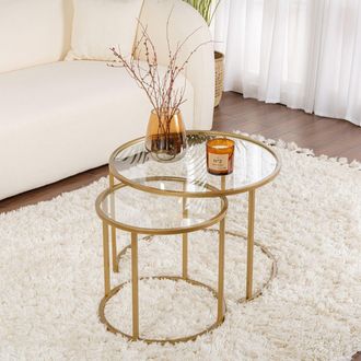 Dmora Mesa De Centro Simaxis, Modular, Forma Redonda, Tablero De Vidrio, 60x60x43h Cm Oro