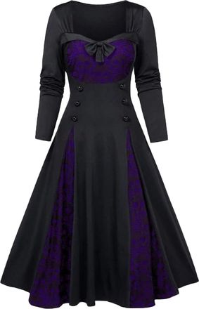 Generic Gothic Winter Dresses for Women, Square Neck, Patchwork, Elegent Velvet, Double Breasted, Vintage Witchy Dresses, Ball Gown Dress, for Wedding, Guest 