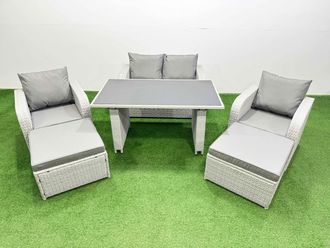 Fimous Outdoor Rattan Garden Furniture Dining Set 6-seater with 2 Big Stools in Light Grey