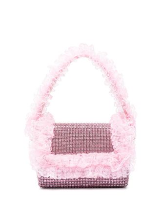 Self Portrait crystal-embellished lace-detail shoulder bag - women - Rhinestone/Fabric/Calf Leather - One Size - Pink
