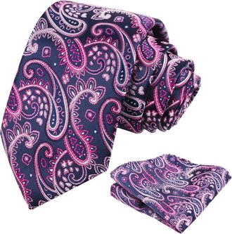 Alizeal Mens Paisley Tie and Hanky Set Party Business Wedding Necktie with Pocket Sqaure Set, Navy+Magenta