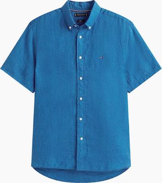 Tommy Hilfiger Mens Tommy Hilfiger Pigment Dyed Linen SS Shirt C4U Blue Orbit - Size: 44/Regular