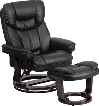 Flash Furniture Recliner and Curved Ottoman with Swivel Mahogany Wood Base in Black LeatherSoft
