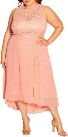 City Chic Vera Lace High/Low Maxi Dress in Peach at Nordstrom, Size Xxl