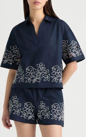 NVLT Embroidered Cotton Poplin Top in Navy/White at Nordstrom Rack, Size X-Small