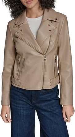 Karl Lagerfeld Moto Jacket With Charm Studs in Latte at Nordstrom Rack, Size X-Large