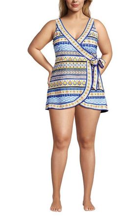 Lands End Side Tie Mini Swim Dress Swimsuit in White Mosaic Stripe Border at Nordstrom, Size 24W